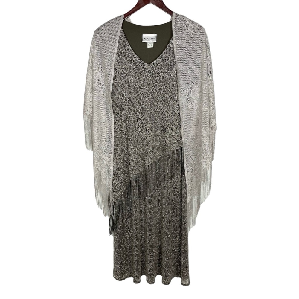 Vintage S.L Fashions Petites Metallic Long Dress w/ Fringe and Cejon Shawl